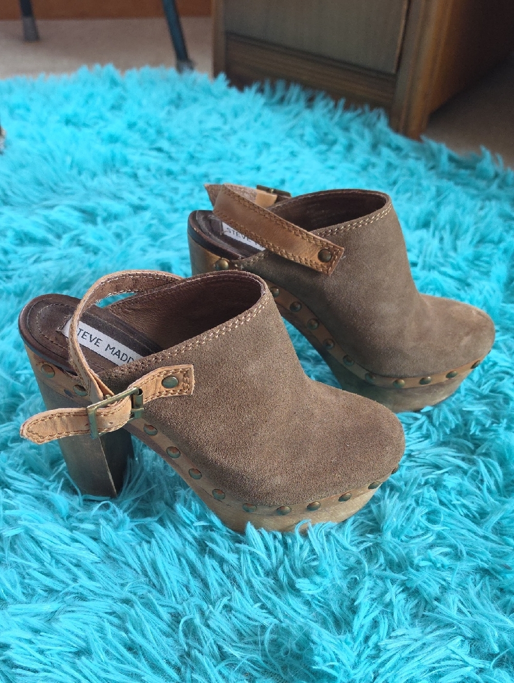Vintage 90s Steve Madden Taupe Suede Platform Clogs with Studs